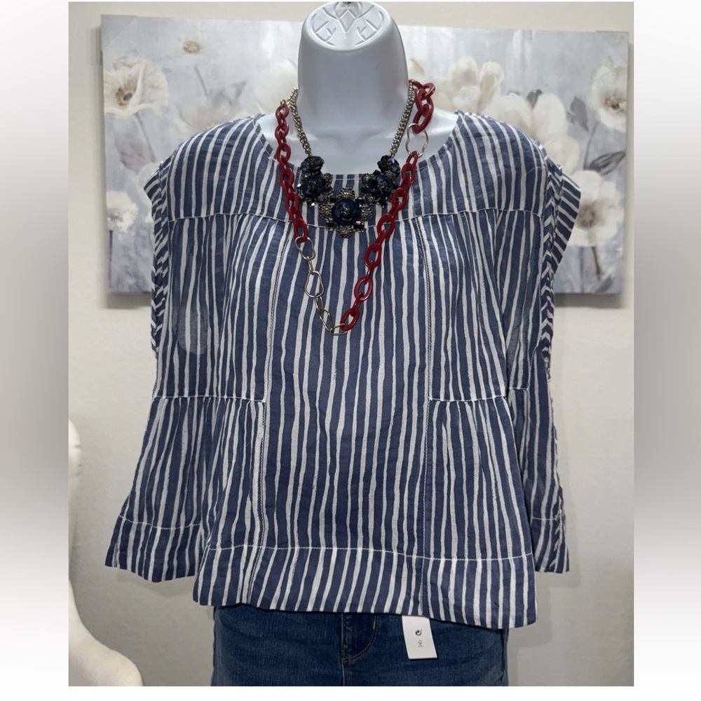 ANTHROPOLOGIE PETITE Top XL Blue/White Stripe Lightweight  Blouse NWT.